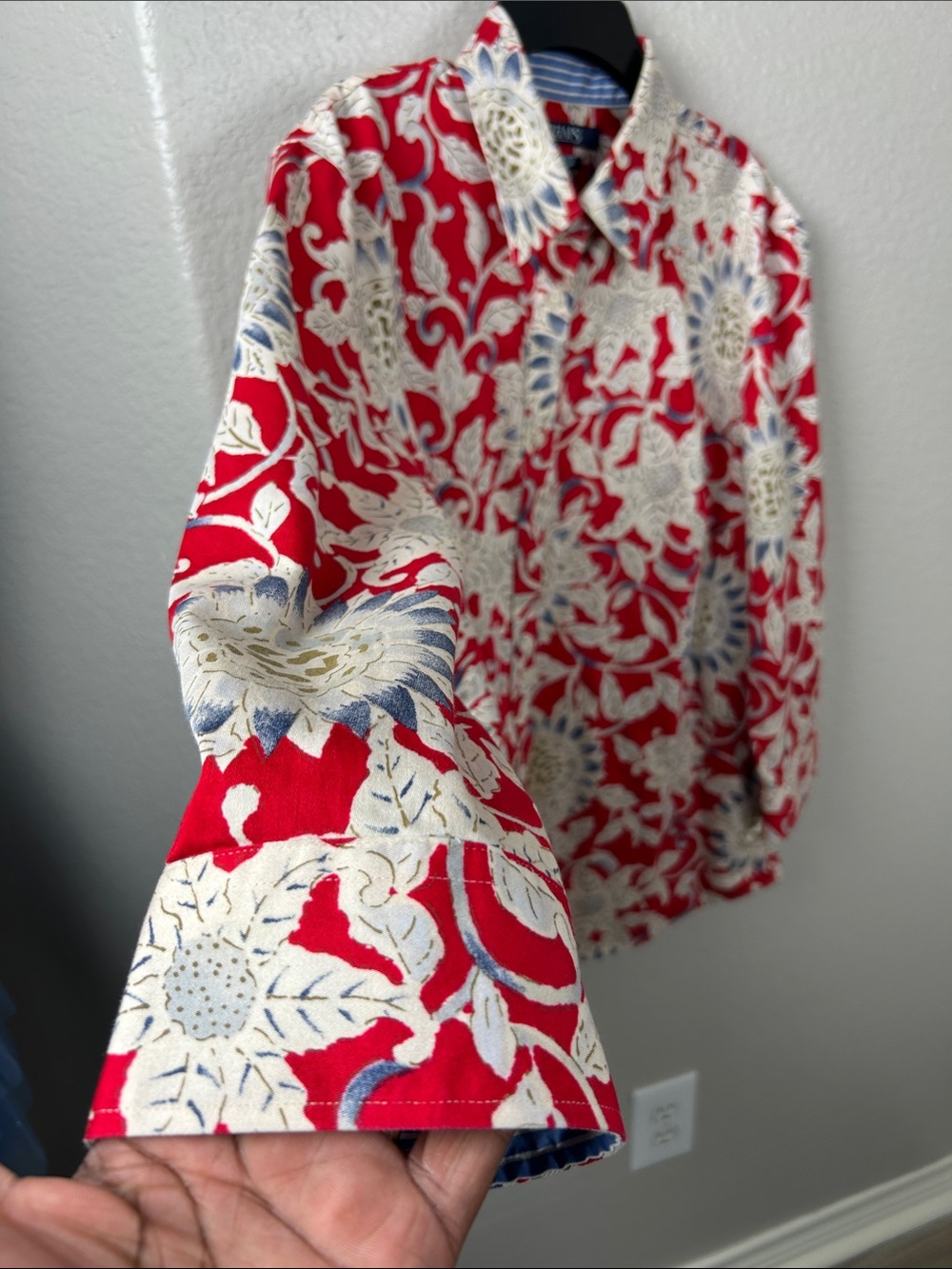Chaps Red Floral Print Button-Down Shirt Cream Blue Accents Sz 1X Office TC0300 - Picture 5 of 8